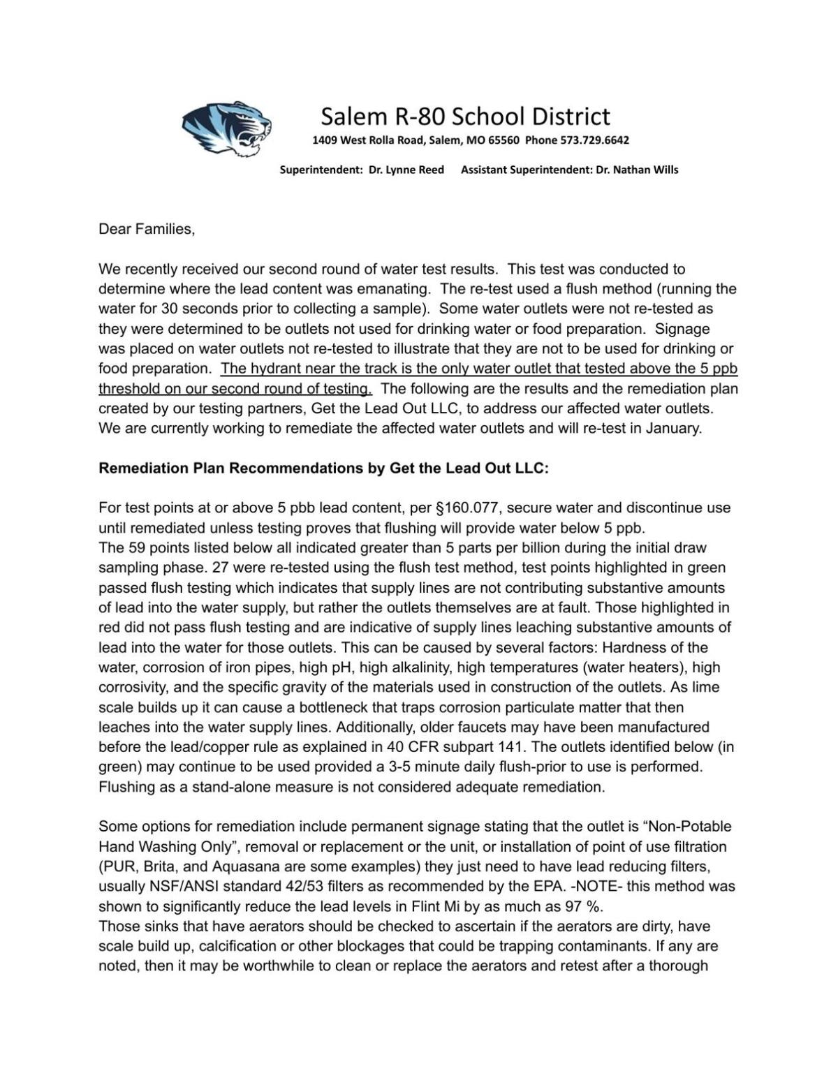 Statement from Salem R-80 on second round of lead testing