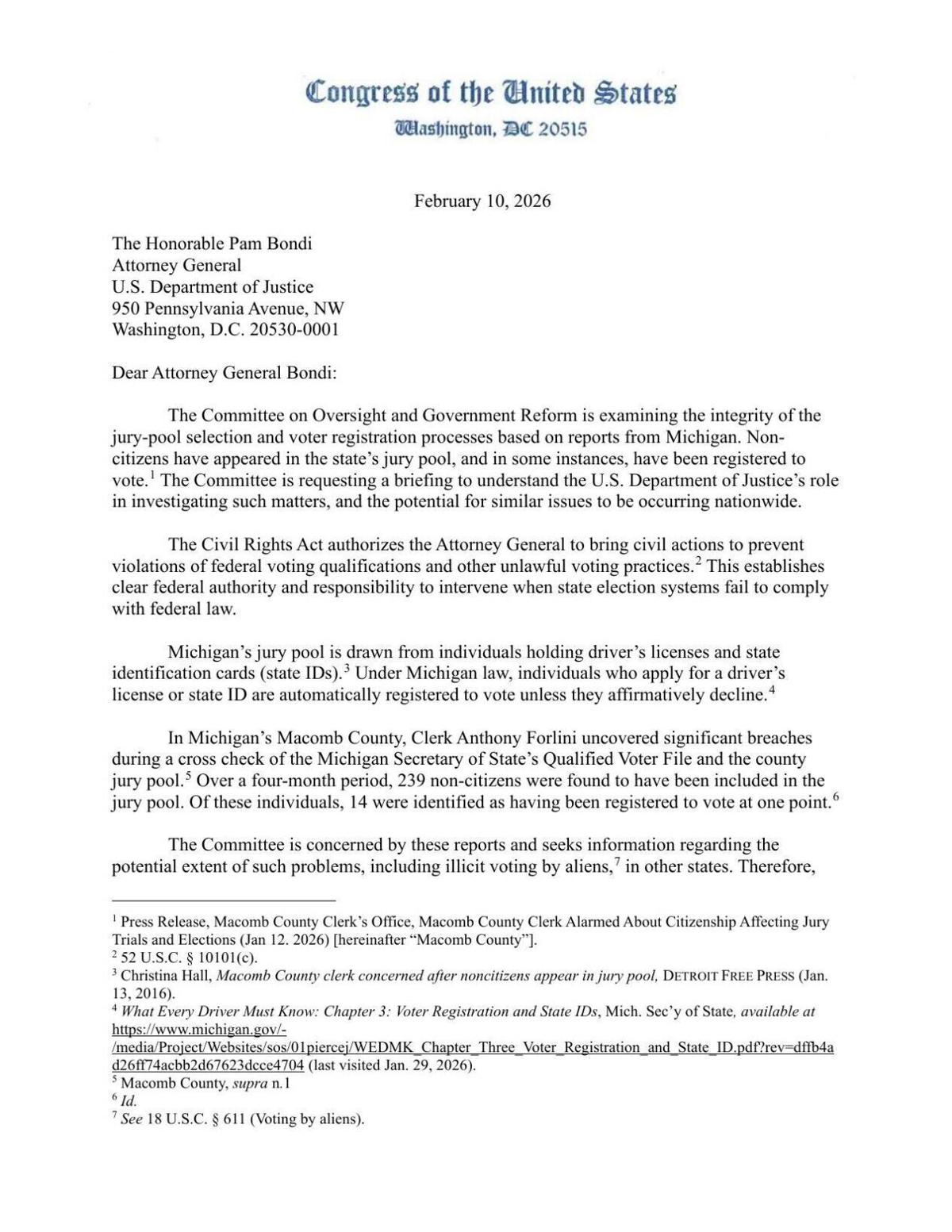 Oversight Letter Michigan Noncitizen Voting