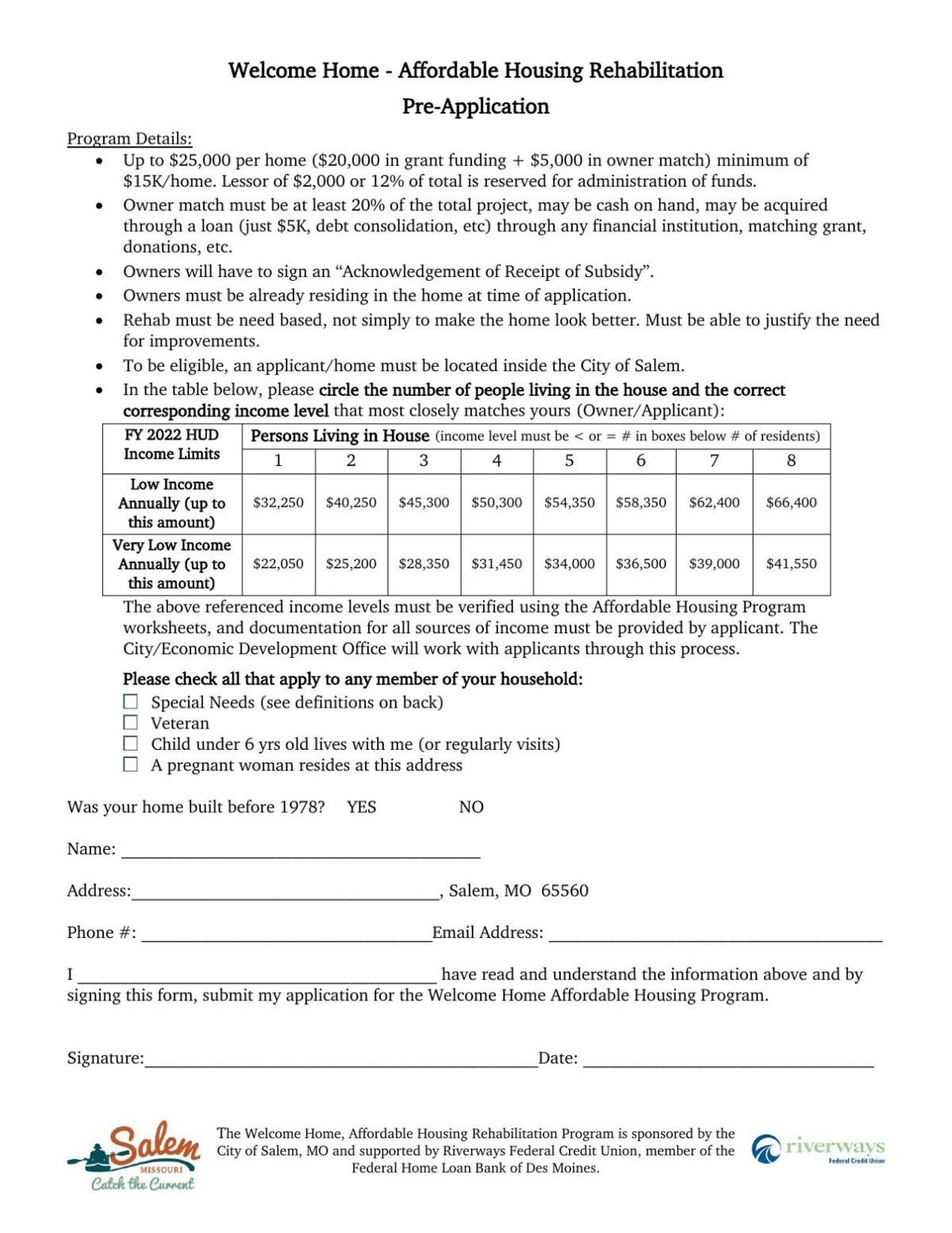 Welcome Home - Affordable Housing Rehabilitation Pre-Application