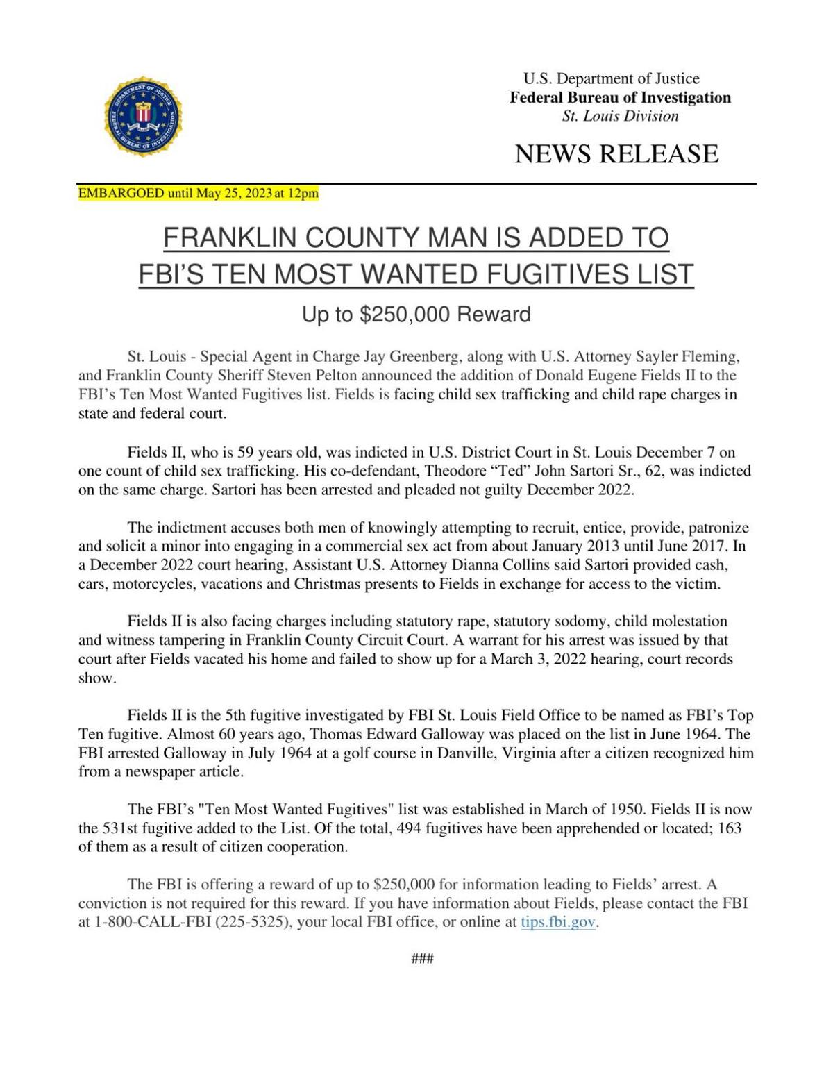 FRANKLIN COUNTY MAN IS ADDED TO FBI’S TEN MOST WANTED FUGITIVES LIST