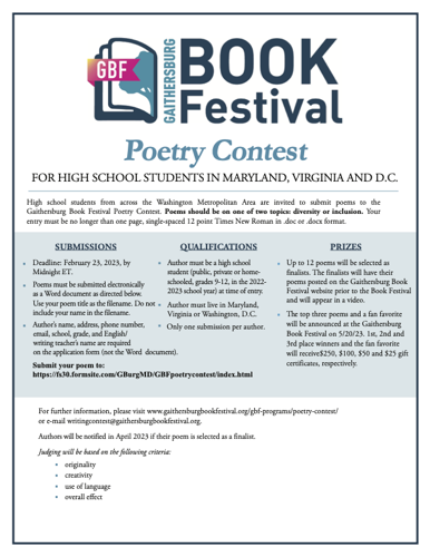 Gaithersburg Book Festival High School Poetry Contest Entries Due 