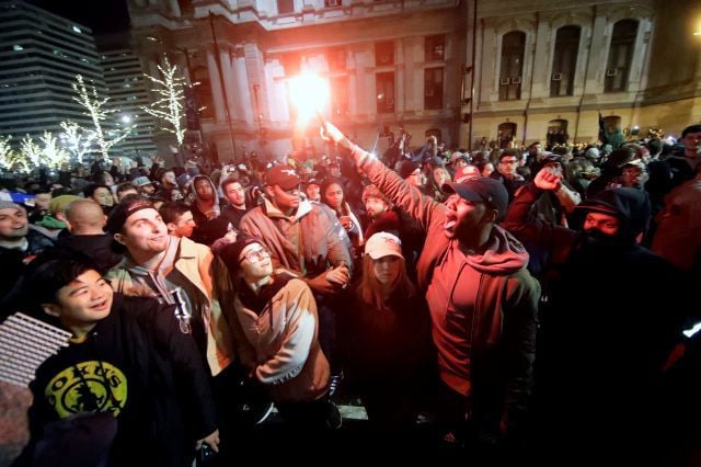 Philadelphia Eagles fans take to the streets of Philadelphia, Pennsylvania,  in celebration after the Eagles defeated the New England Patriots 41-33 in  Super Bowl LII. Featuring: Rocky Statue Where: Philadelphia, Pennsylvania,  United