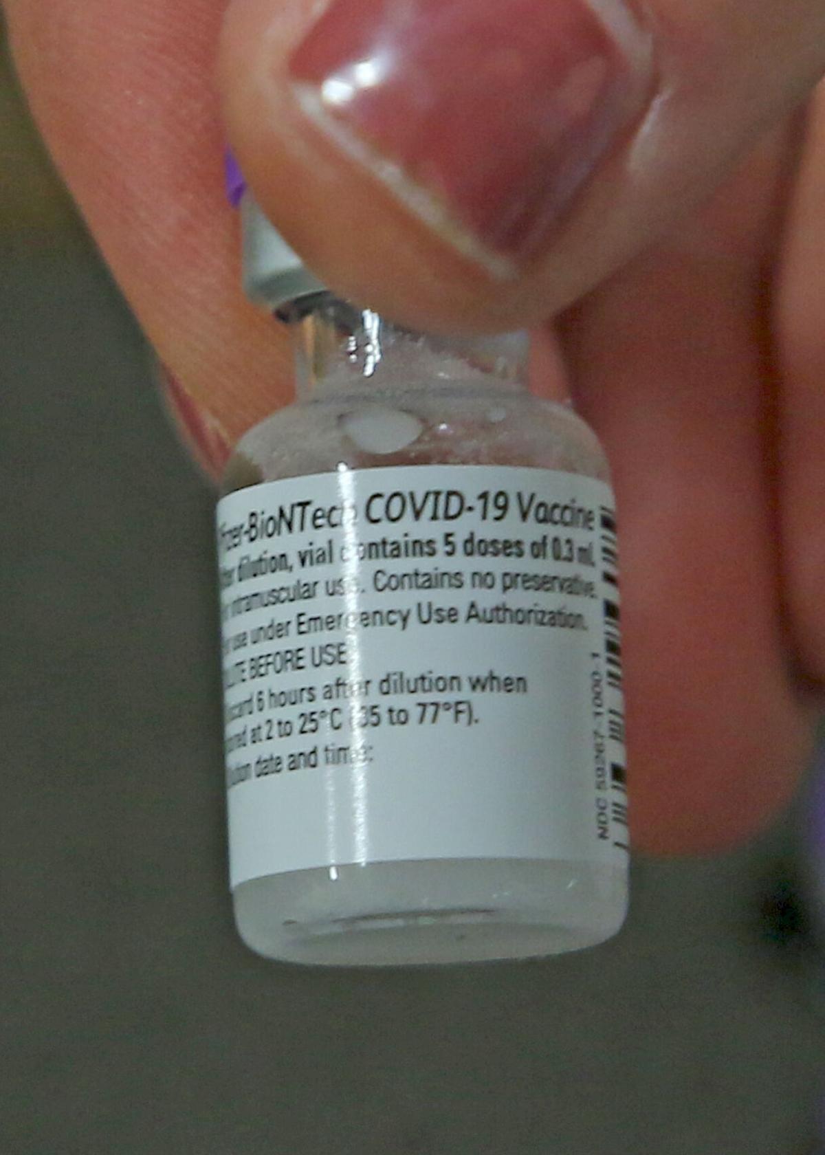 Up close - a vial of Westerly Hospital’s very first shipment of COVID-19 vaccination, received at the facility Friday morning, December 18, 2020. This particular shipment was manufactured by Pfizer and is diluted according to package insert prior to adm...
