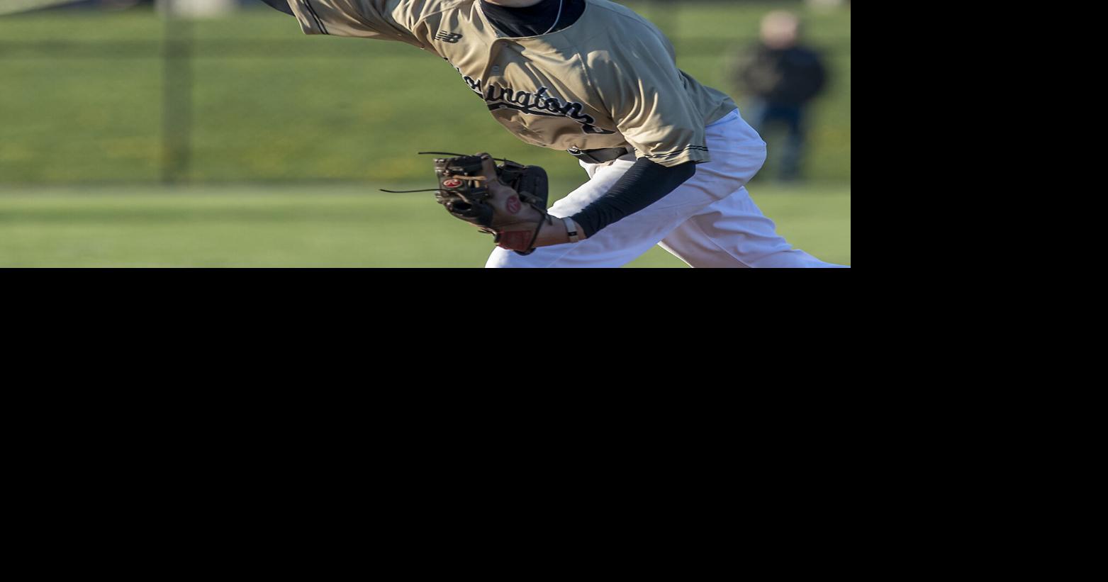 Stonington’s Nathan Machinski delivers a 7th inning pitch against Waterford, at Waterford High School, Tuesday, April 21, 2026