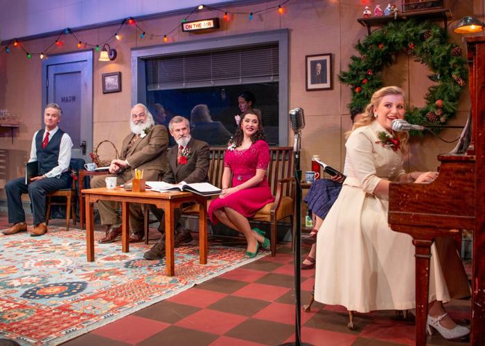 From left, Tony Estrella as George Bailey, Fred Sullivan, Jr. as Henry F. Potter/Clarence, Richard Noble as Joseph/Billy Bailey, Helena Tafuri as Violet Bick/Janie Bailey, and Emily Turtle as Announcer/Zuzu Bailey. Photo credit Peter Goldberg