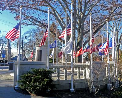 Flags at half staff at Westerly War Memorial for George H.W. Bush