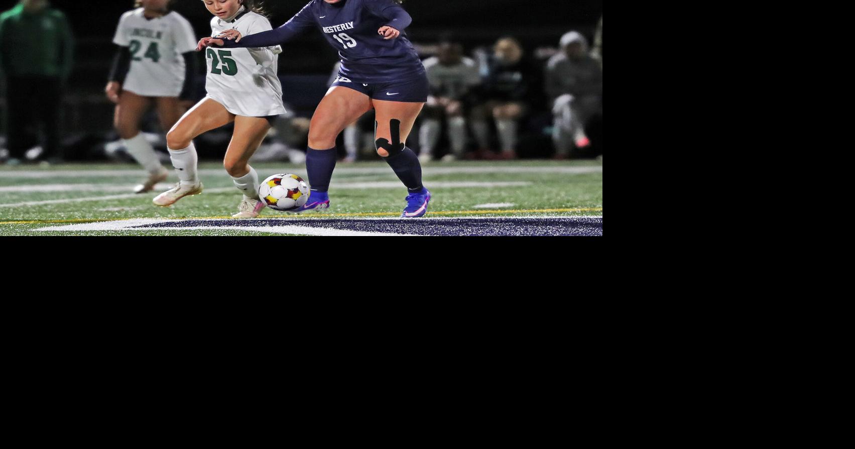 Freshman Mia Rustico (19) controls the ball for Westerly while Lincoln ...