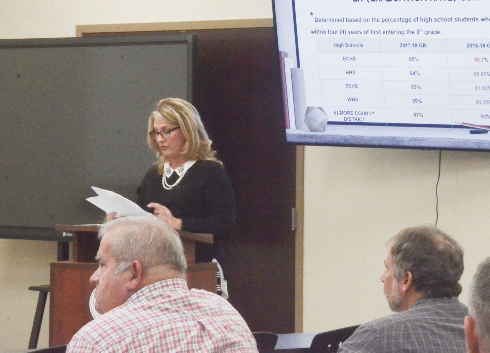 Amy Harrison discusses the county’s graduation rate with the school board