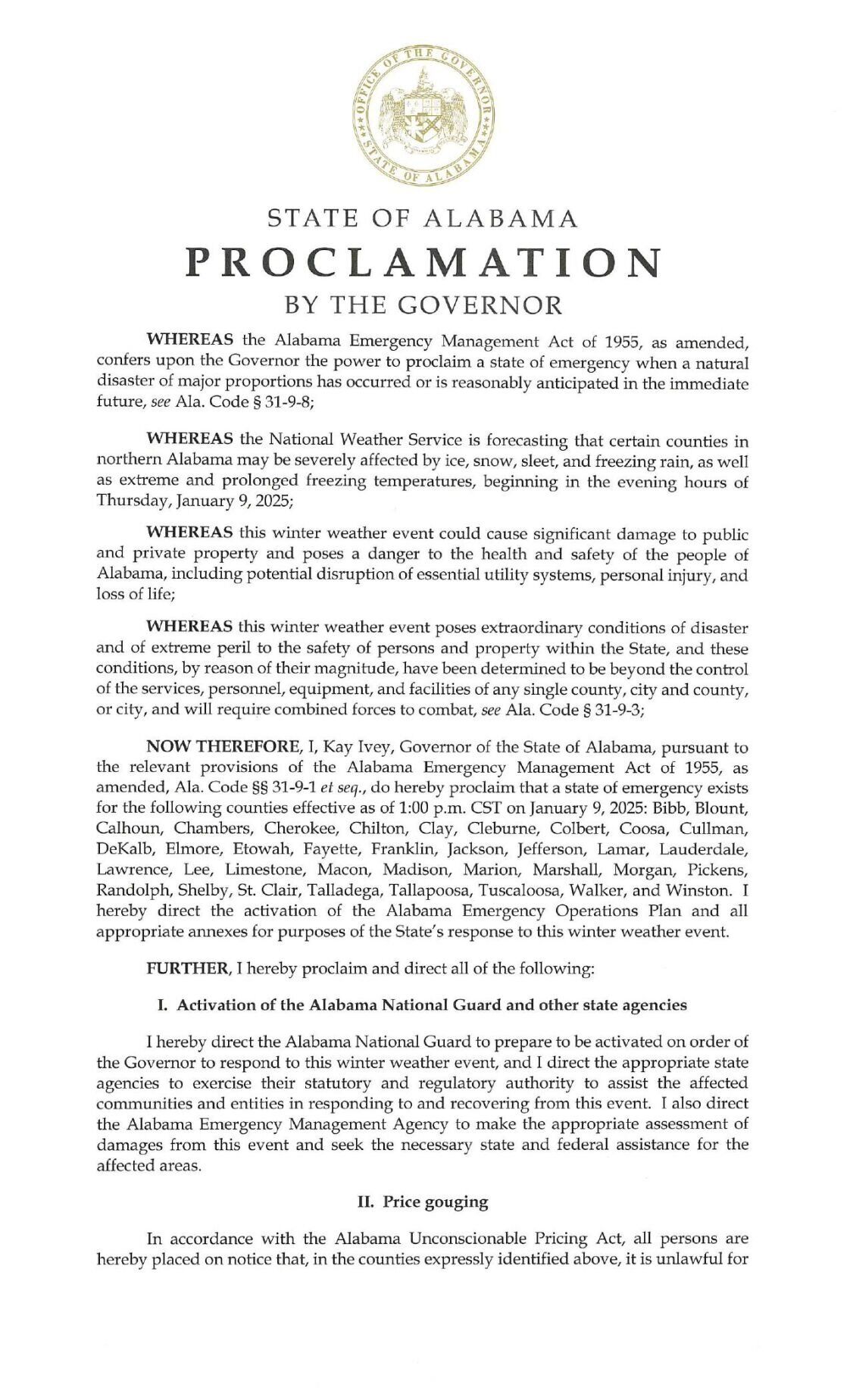 Governor Kay Ivey: Winter Weather Proclamation