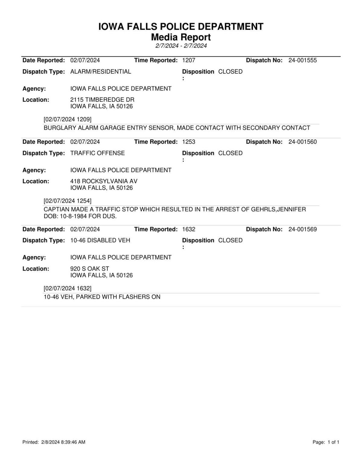 Feb. 7, 2024 Iowa Falls Police Log