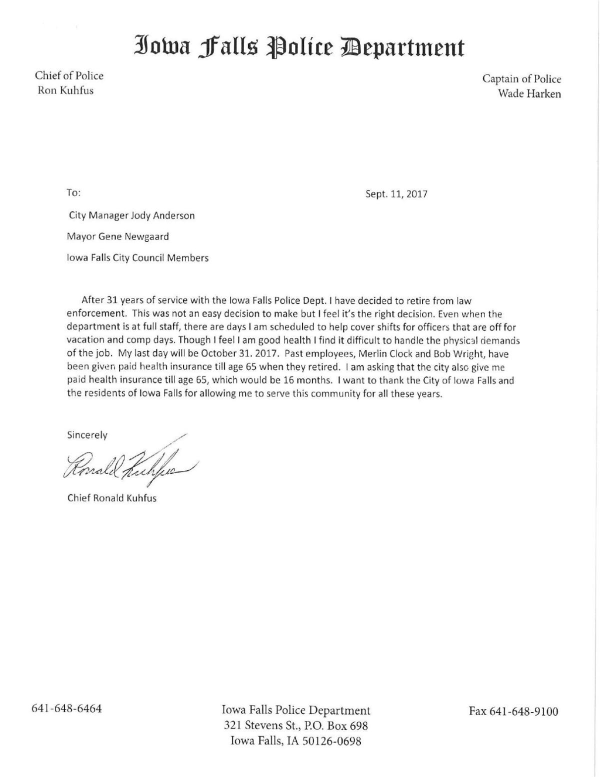 Ron Kuhfus Retirement Letter | | timescitizen.com