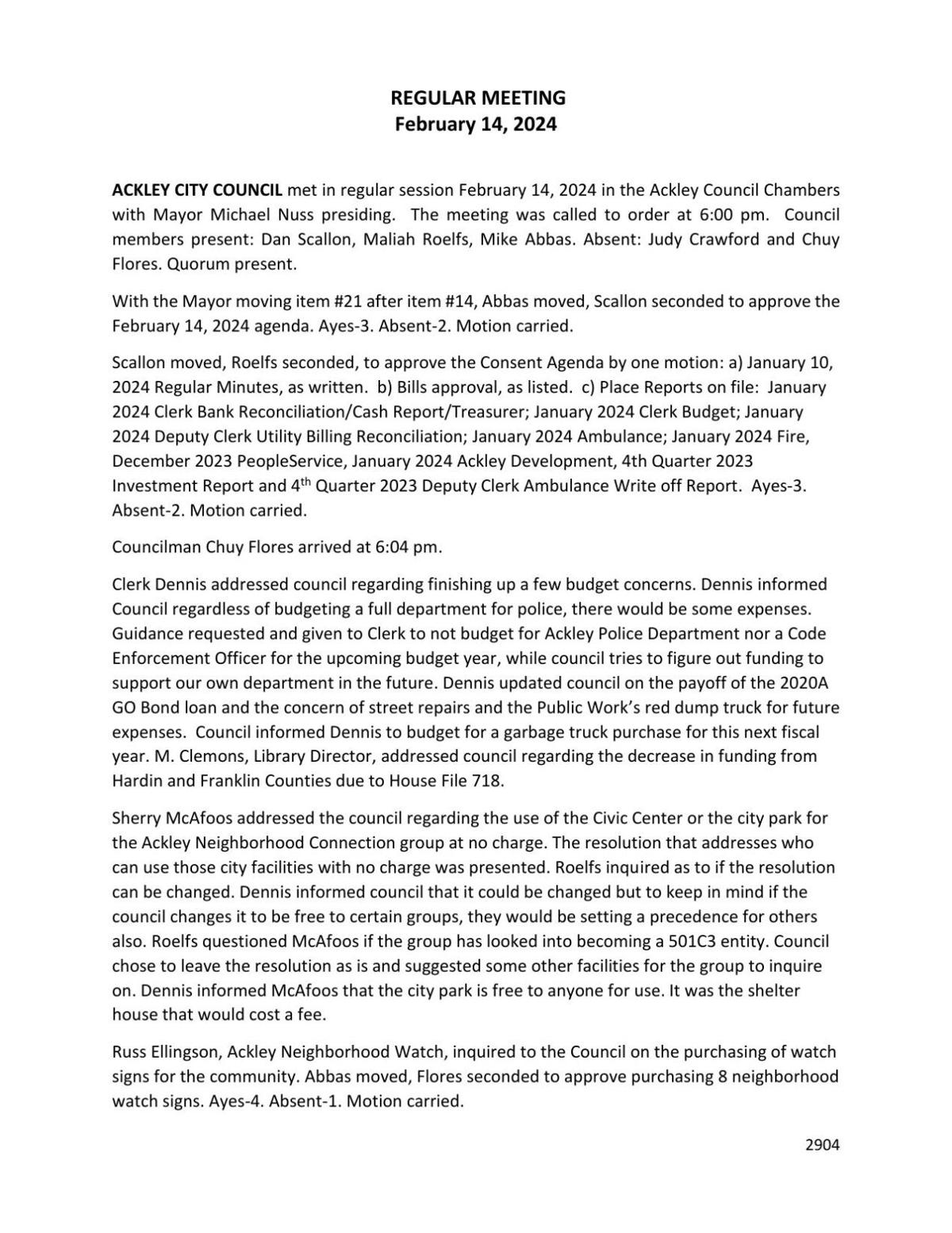 City of Ackley Regular Council Meeting 21424 Public Notices