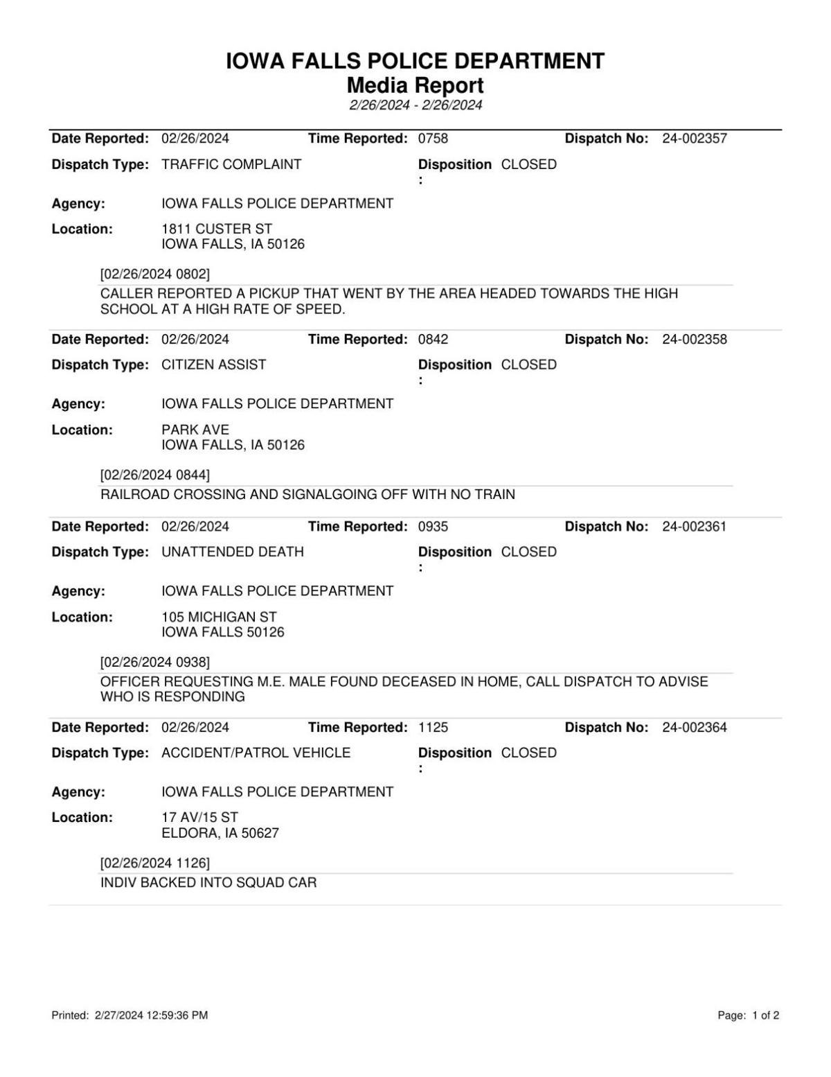 Feb. 26, 2024 Iowa Falls Police Log