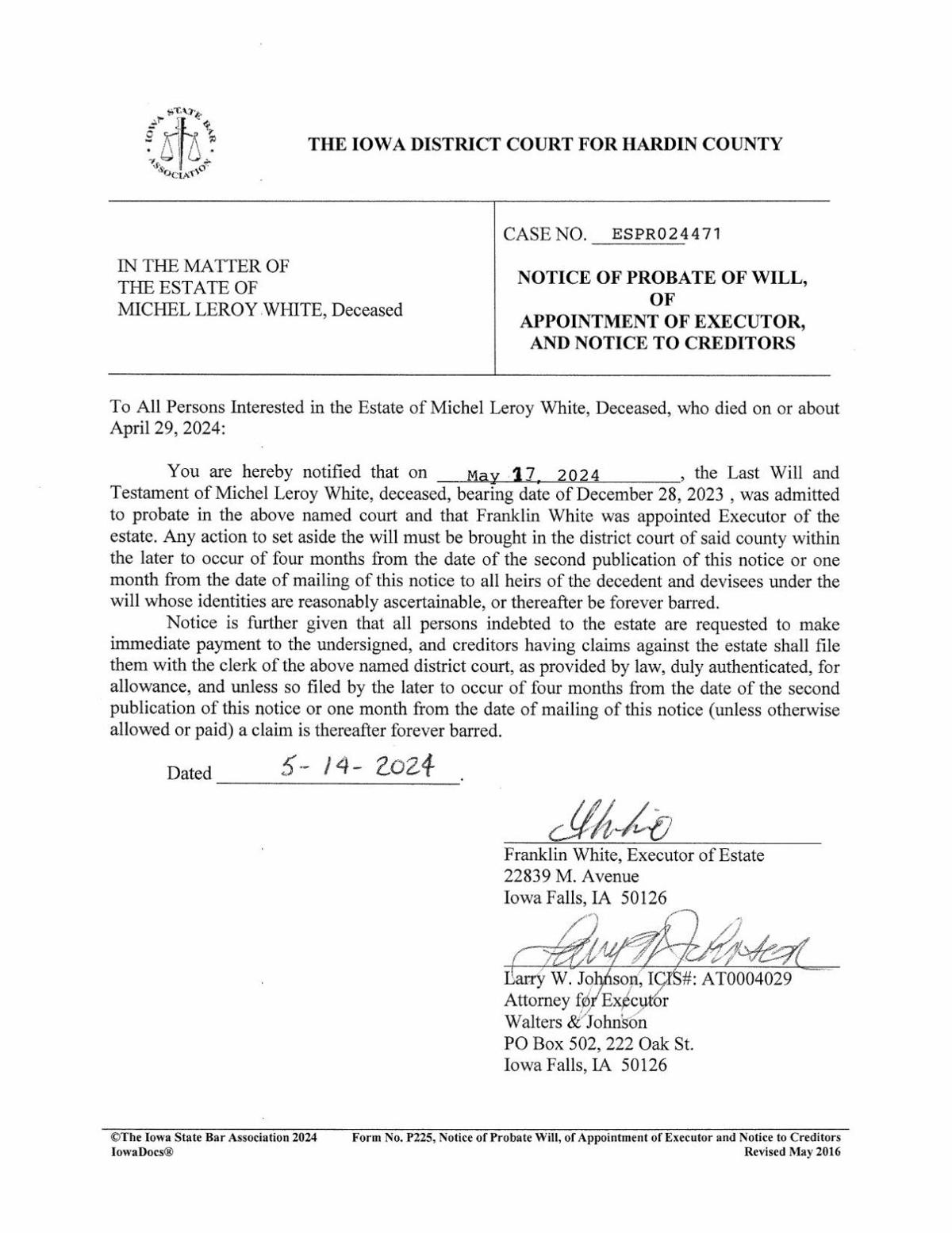 MICHAEL WHITE NOTICE OF PROBATE Public Notices timescitizen com