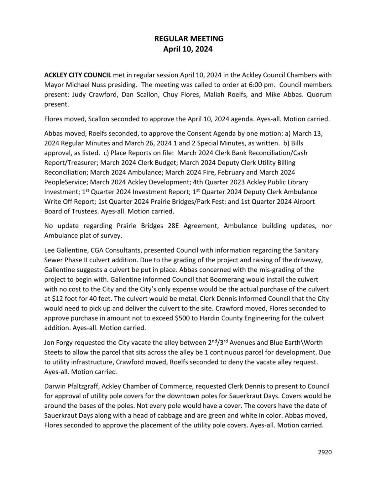 City of Ackley regular Council Meeting 41024 Public Notices
