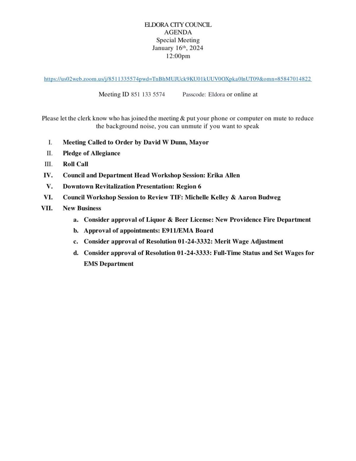 Jan. 16, 2024 Eldora special meeting agenda