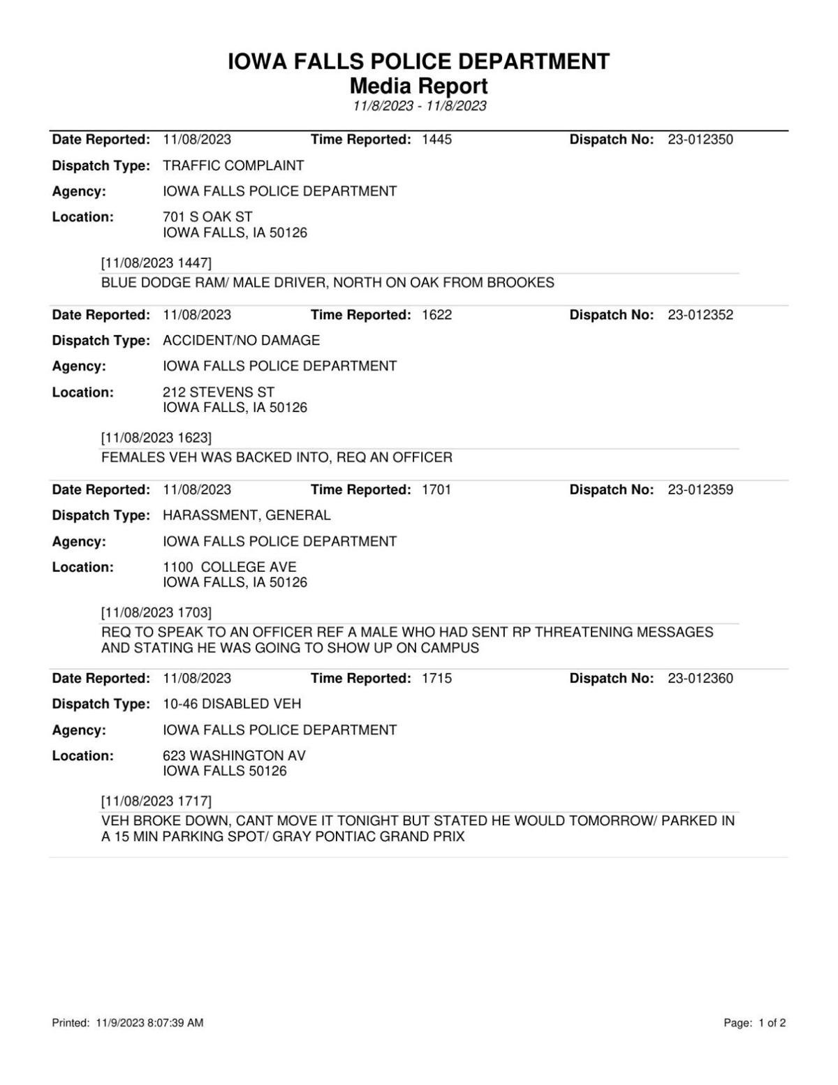 Nov. 8, 2023 Iowa Falls Police Log | | Timescitizen.com