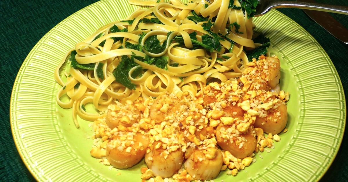 Peanut Crusted Sea Scallops with Fettuccine