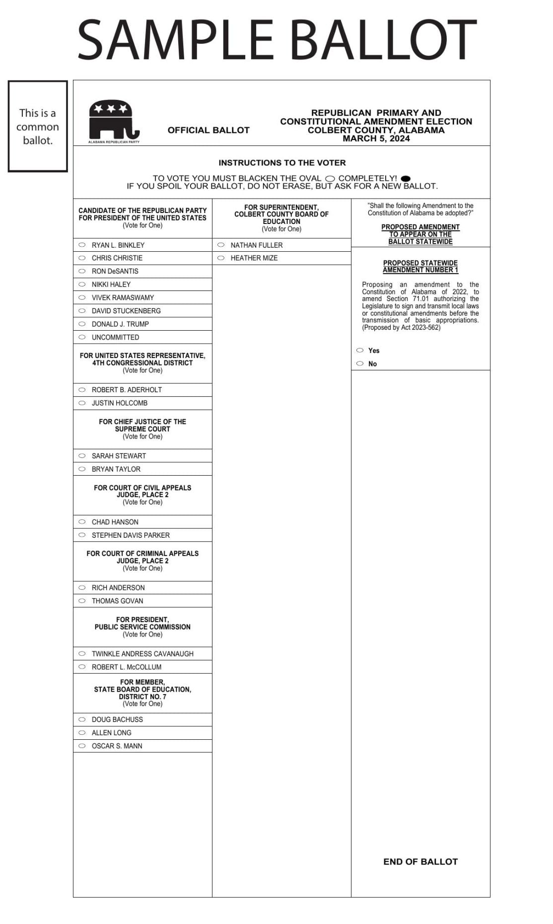 Colbert County Republican Sample Ballot | News | timesdaily.com