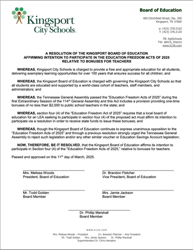Draft Kingsport school board resolution on Tennessee voucher law $2,000 teacher bonuses