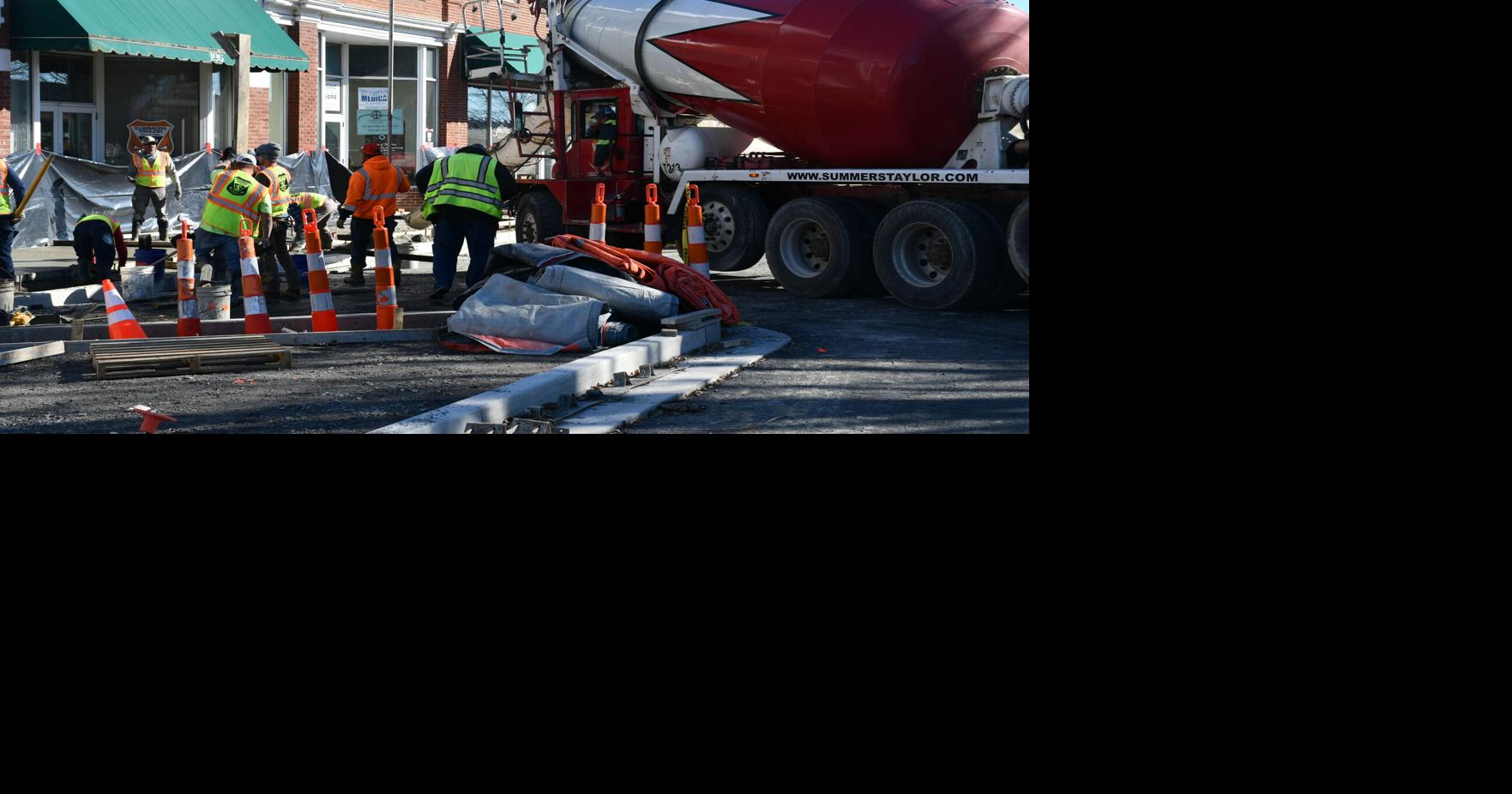 Main Street project, sidewalk work and concrete truck, January 2025