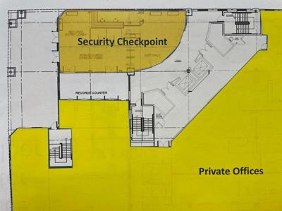 Architectural drawing showing plans for new security checkpoint at Kingsport Justice Center