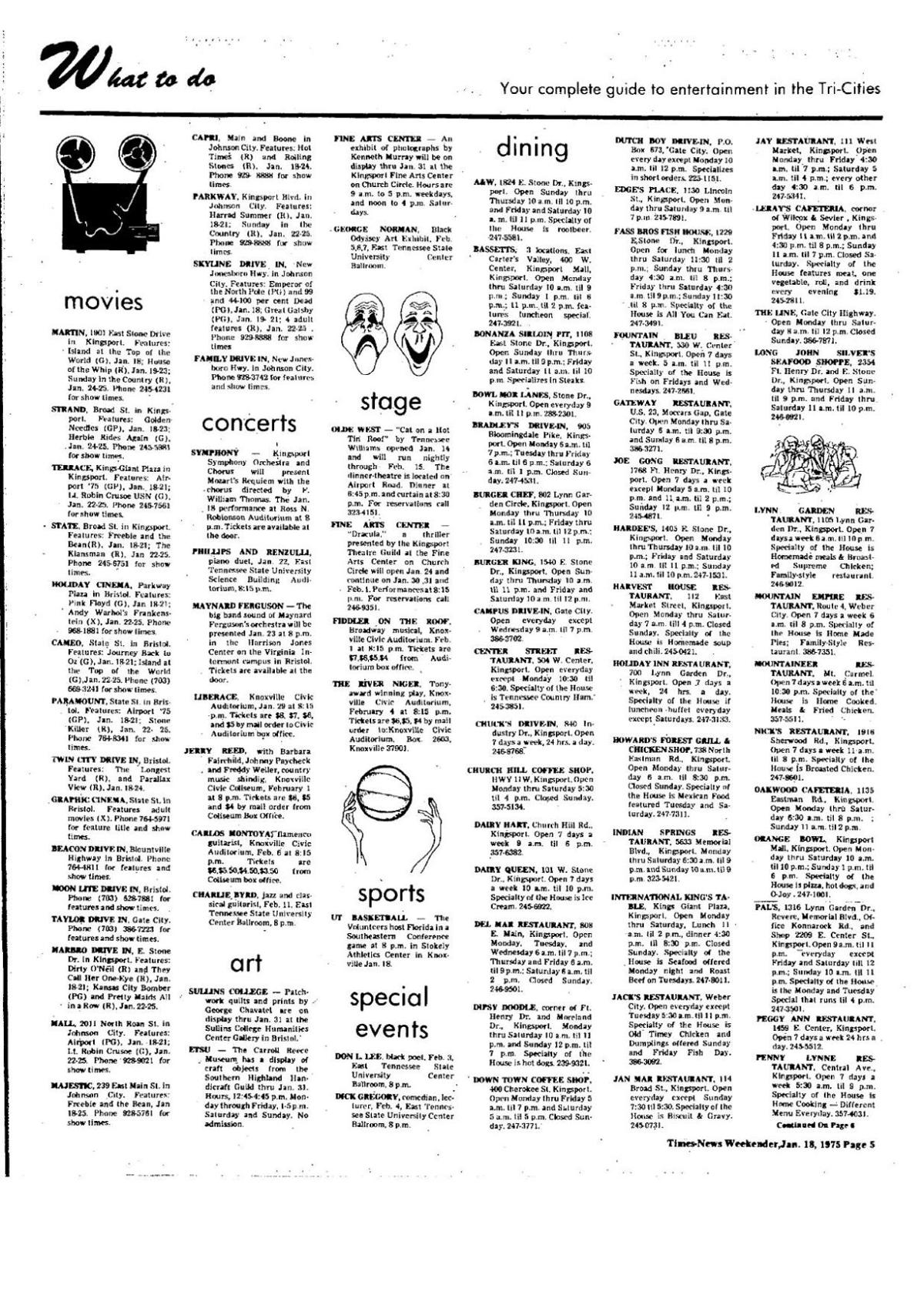 Weekender "Dining" list 1975