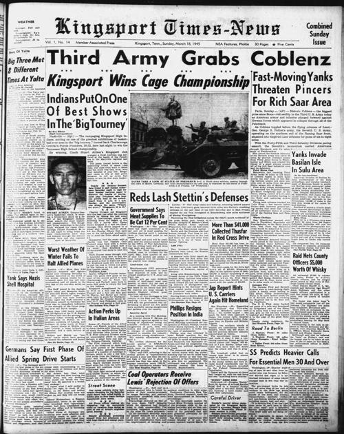 Kingsport TimesNews front page, March 18, 1945