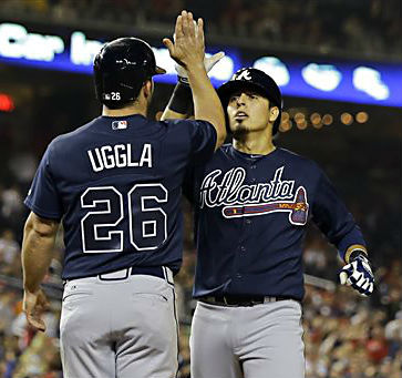 B. J. Upton and Chris Johnson of the Atlanta Braves celebrate