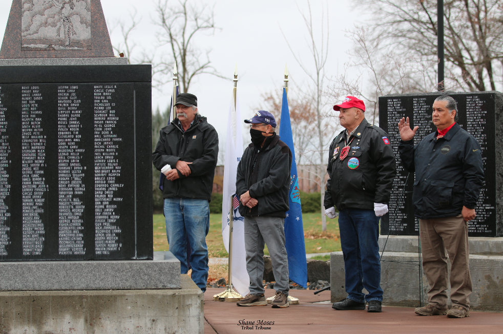 Scenes from an honoring ceremony held for Colville tribal and non-tribal Veterans, Thursday (Nov. 11) morning at the Veterans Memorial Monument at the Government Center on the Agency Campus. Veterans shared their stories with those present at the ceremony.