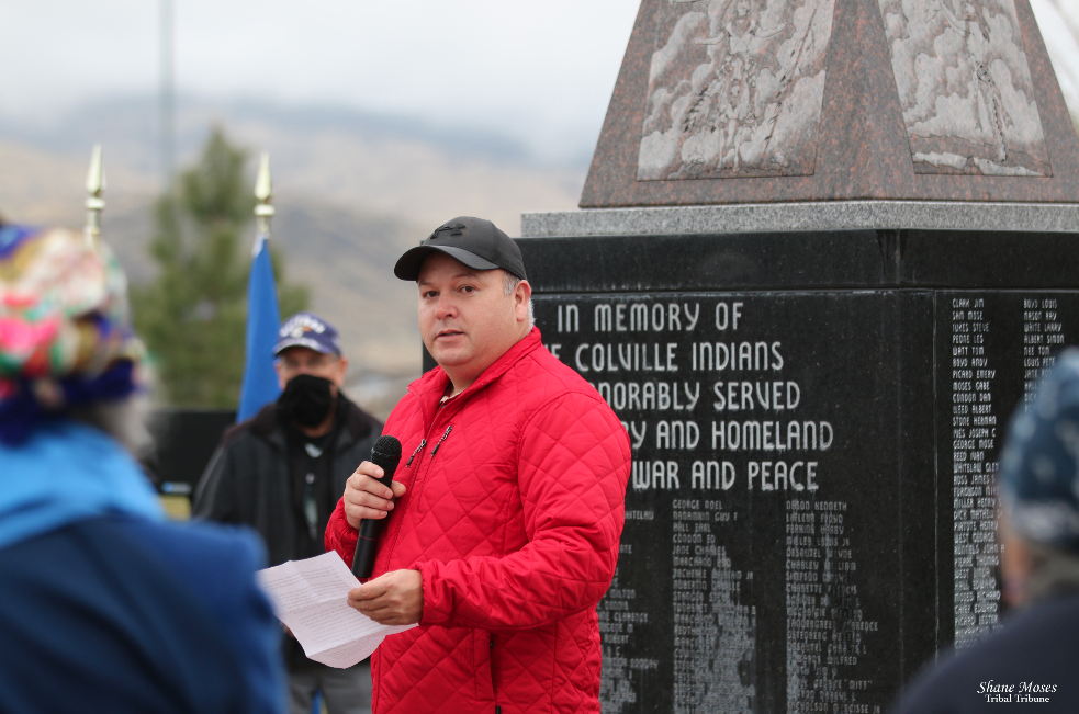 Colville Confederated Tribal Business Councilman Dustin Best speaks at an honoring ceremony held for Colville tribal and non-tribal Veterans, Thursday (Nov. 11) morning at the Veterans Memorial Monument at the Government Center on the Agency Campus.