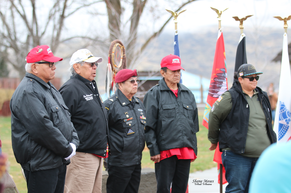 Scenes from an honoring ceremony held for Colville tribal and non-tribal Veterans, Thursday (Nov. 11) morning at the Veterans Memorial Monument at the Government Center on the Agency Campus. Veterans shared their stories with those present at the ceremony.