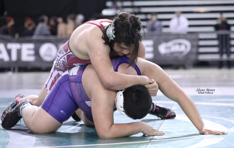 Okanogan’s Joseph Cates wrestles Marcos Velazquez of Mabton on Saturday (Feb. 19) afternoon in the third/fifth place match at this year’s 1B/2B Mat Classic XXXIII at the Tacoma Dome.