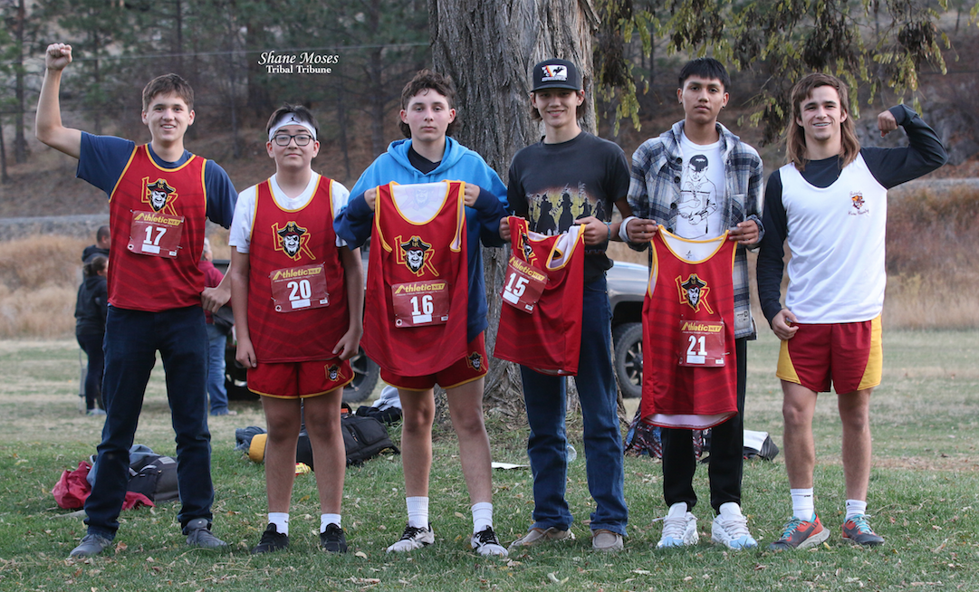 LEFT TO RIGHT: Noah Hunt, Aidan Palmanteer, Reese Hansen, Teyton Flores, Brandon Pino and Colton Jackson of the Lake Roosevelt High School cross country team after the CWA XC League Championships (Oct. 27) at the Okanogan Golf Course