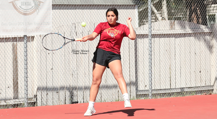 Kaylee Landeros (Colville tribal member) of Lake Roosevelt High School hits a forehand shot at this year’s 1B/2B CWB League District tournament on Wednesday (May 18) afternoon at the North Cascades Athletic Club in Omak.