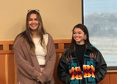 LEFT TO RIGHT: Colville Tribal members Penelope Antoine and Talliyah Timentwa share their stories as young women speakers for Native American Heritage Month Speaker Series at the Government Center on Wednesday (Nov. 16).
