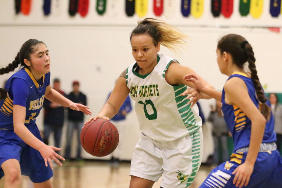 Colville tribal member Jaylene Lelone (No. 10 white) of Inchelium dribbles to the hoop against Wellpinit on Wednesday, Feb 7 in first round of the Northeast District 7 1B girls basketball tournament. Inchelium defeated Wellpinit 61-58.
