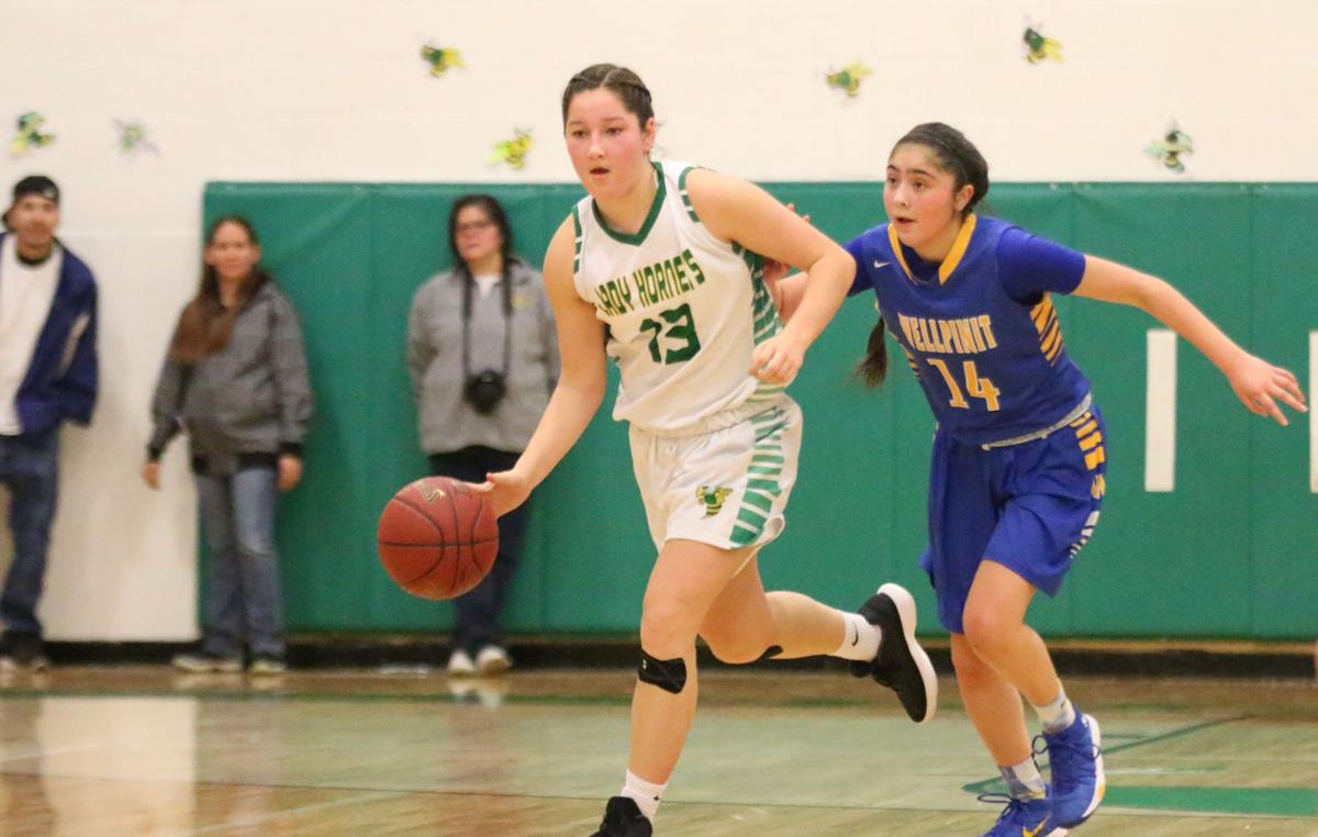 Colville tribal member Rylee Desautel (No. 13 white) of Inchelium dribbles the ball up court against fellow tribal member Lachelle Boyd (No. 14 blue) of Wellpinit on Wednesday, Feb 7 in first round of the Northeast District 7 1B girls basketball tournament. Inchelium defeated Wellpinit 61-58.