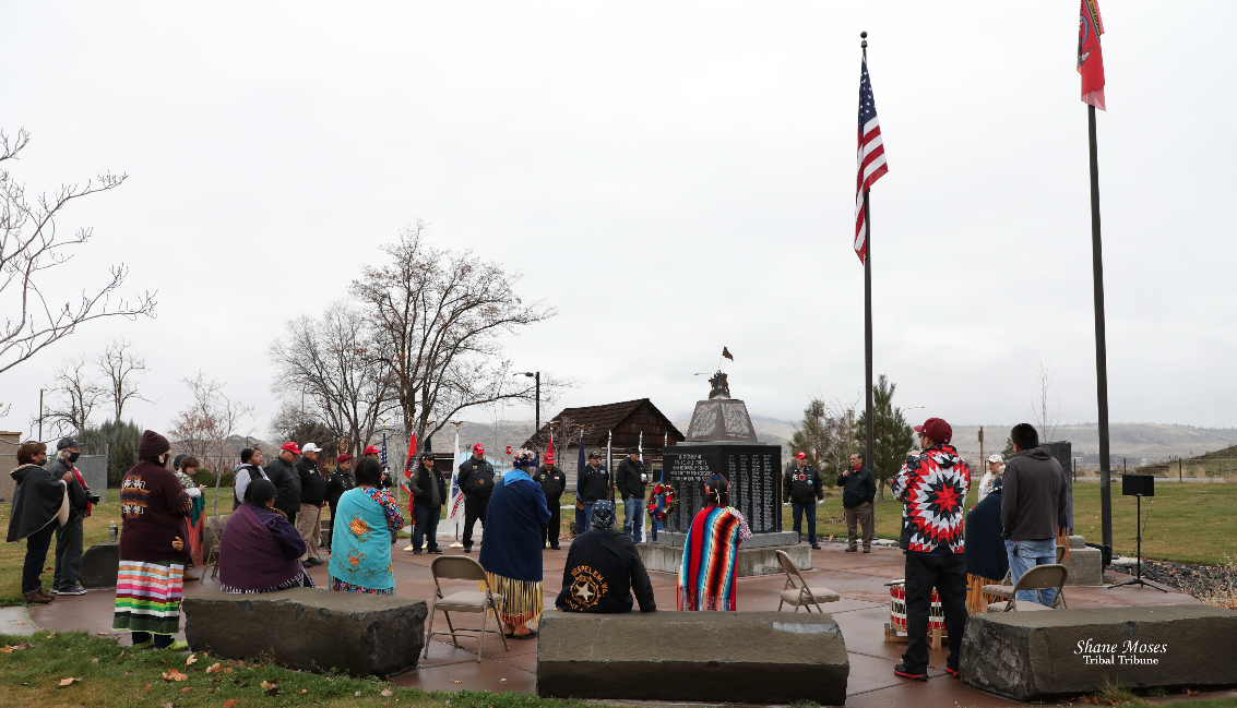 Scenes from an honoring ceremony held for Colville tribal and non-tribal Veterans, Thursday (Nov. 11) morning at the Veterans Memorial Monument at the Government Center on the Agency Campus. Veterans shared their stories with those present at the ceremony.
