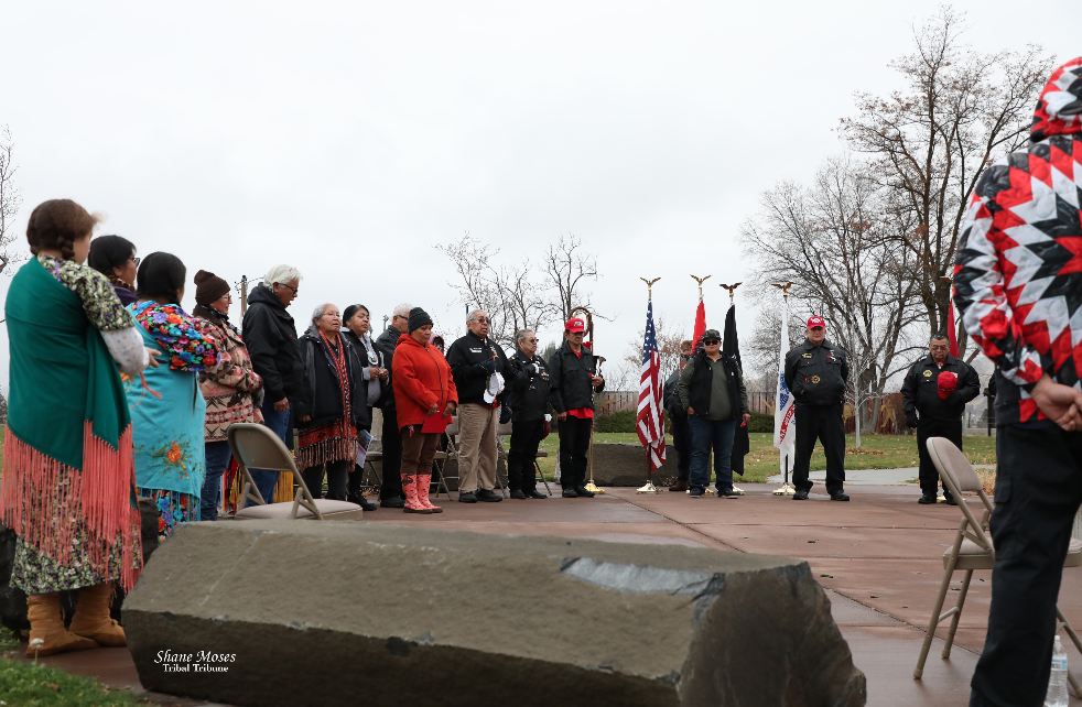 Scenes from an honoring ceremony held for Colville tribal and non-tribal Veterans, Thursday (Nov. 11) morning at the Veterans Memorial Monument at the Government Center on the Agency Campus. Veterans shared their stories with those present at the ceremony.