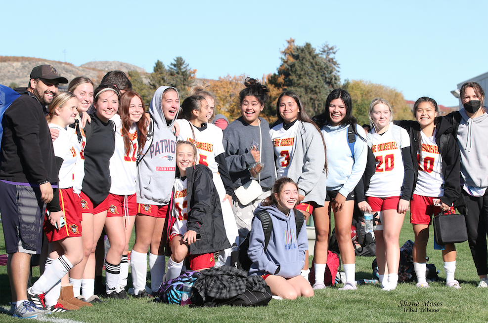 The Lake Roosevelt High School varsity girls soccer team stops for a photo after their match against Brewster in the first round of the District 6 2B Girls soccer tournament at Brewster High School, Saturday (Oct. 30) afternoon.