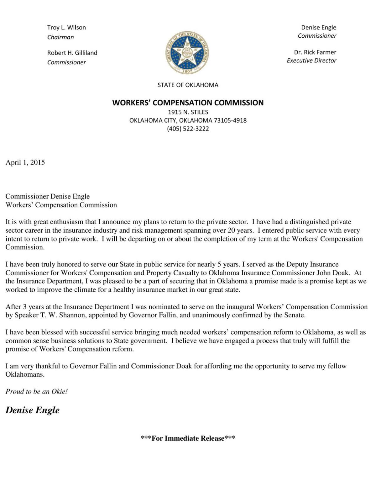 Commissioner Denise Engle S Resignation Letter Tulsaworld Com