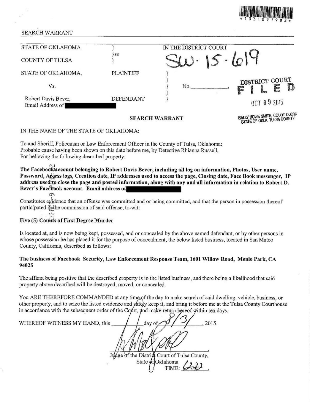 Document Read the search warrant for Robert Bever's Facebook, email
