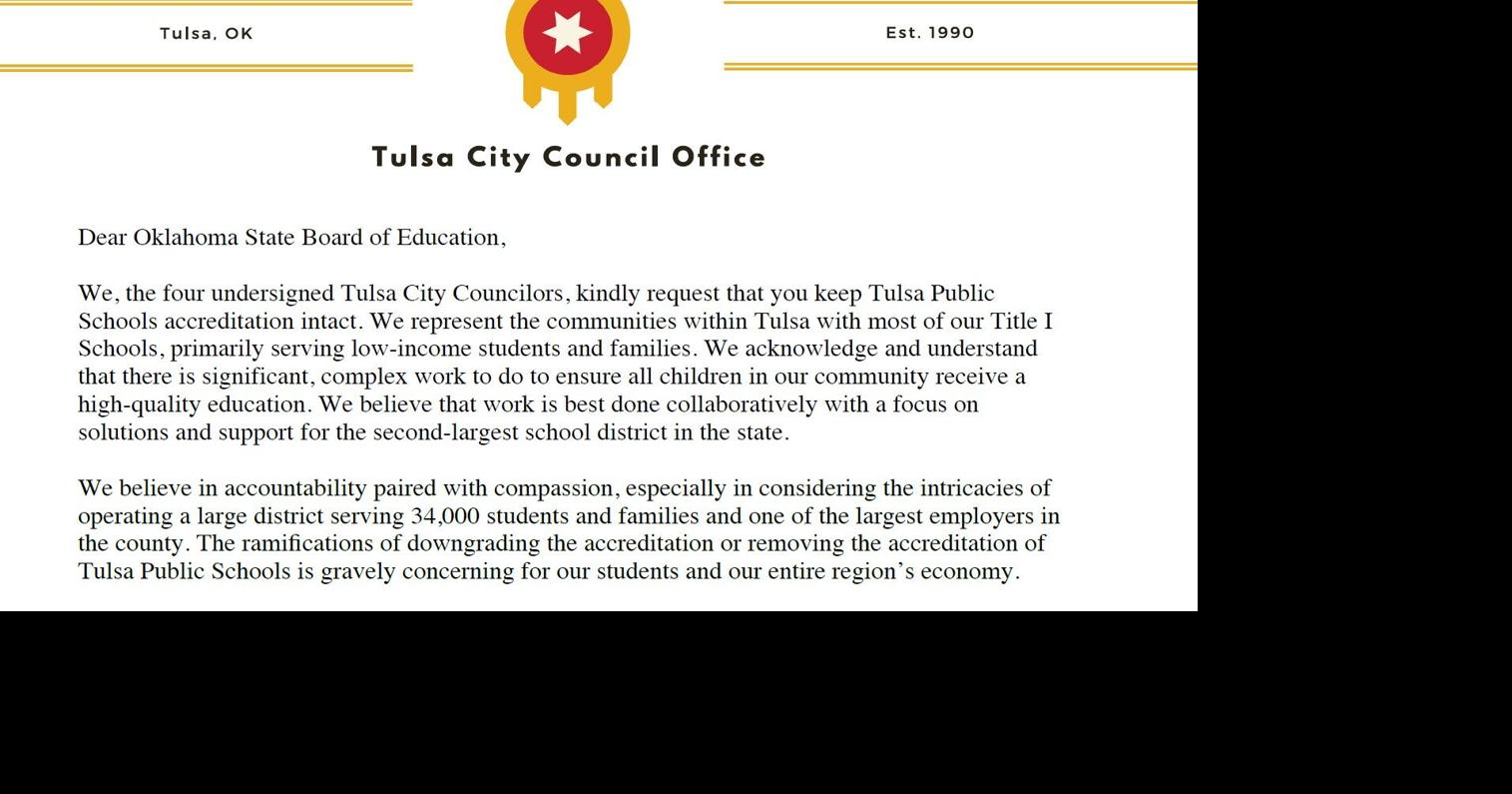 Tulsa city councilors write to Walters on TPS accreditation