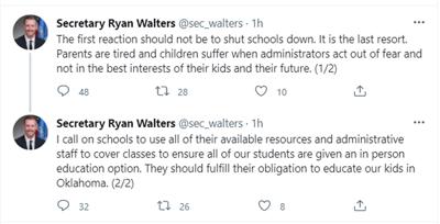 Walters tweets on distance learning "last resort"