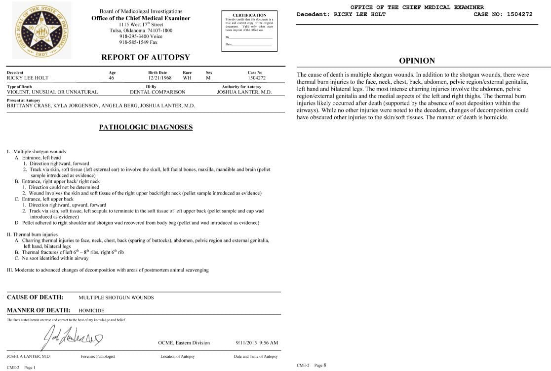 Medical Examiner's report summary Rick Holt