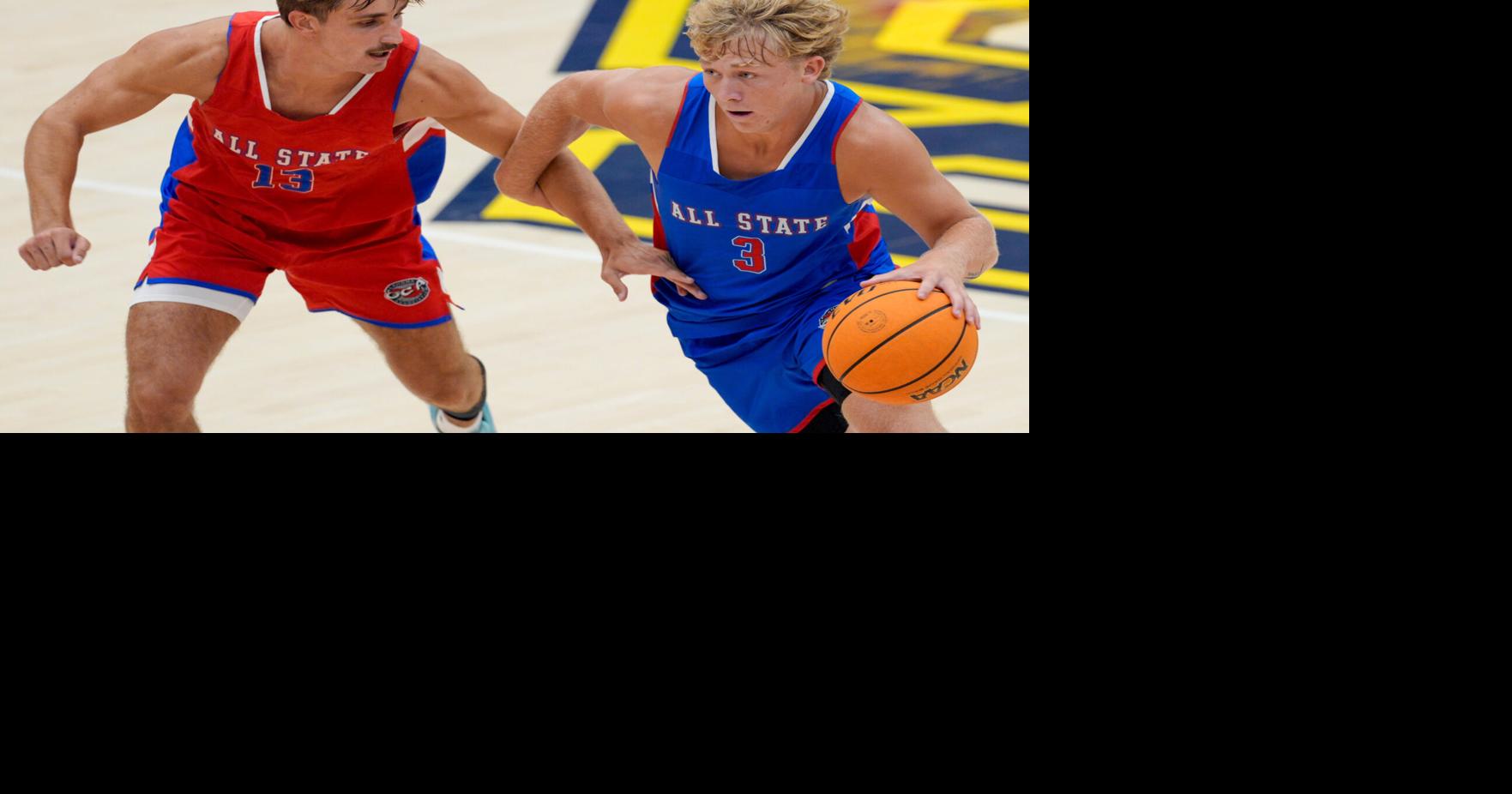 The East's Denton Forsythe of Dale dribbles past the West's Nash Harman of Cyril during the Oklahoma Coaches Association small (copy)