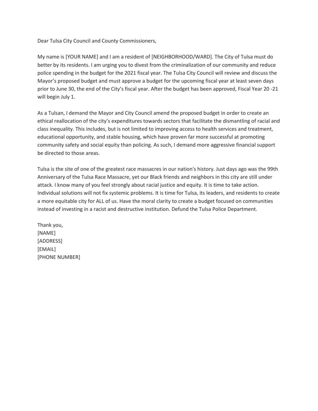 Form Letter Sent To Tulsa City Council And County Commissioners