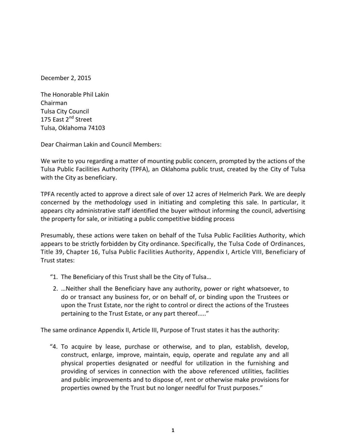 Letter to council opposed to land sale   tulsaworld.com