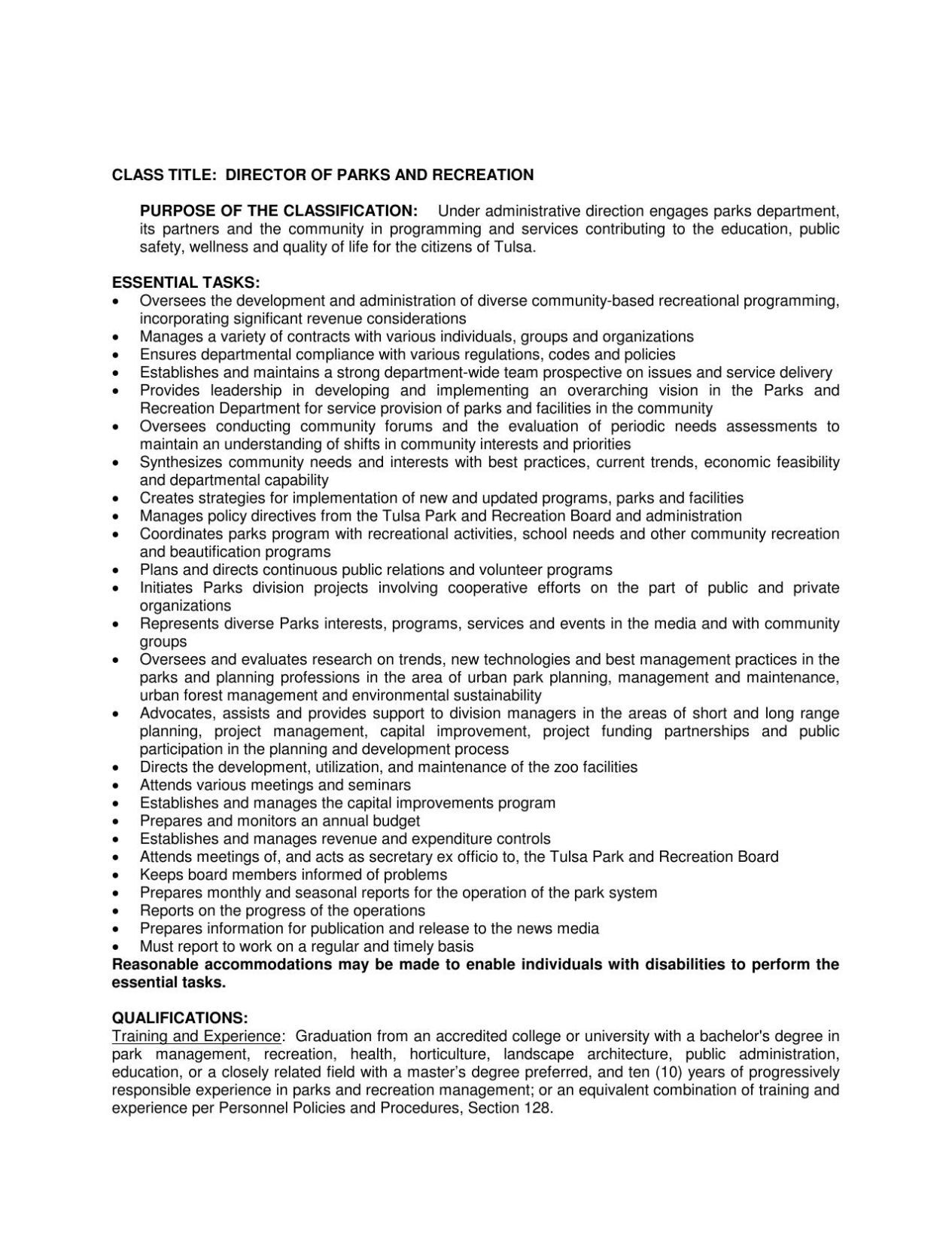 parks director job requirements 2008 tulsaworld com personnel director job description